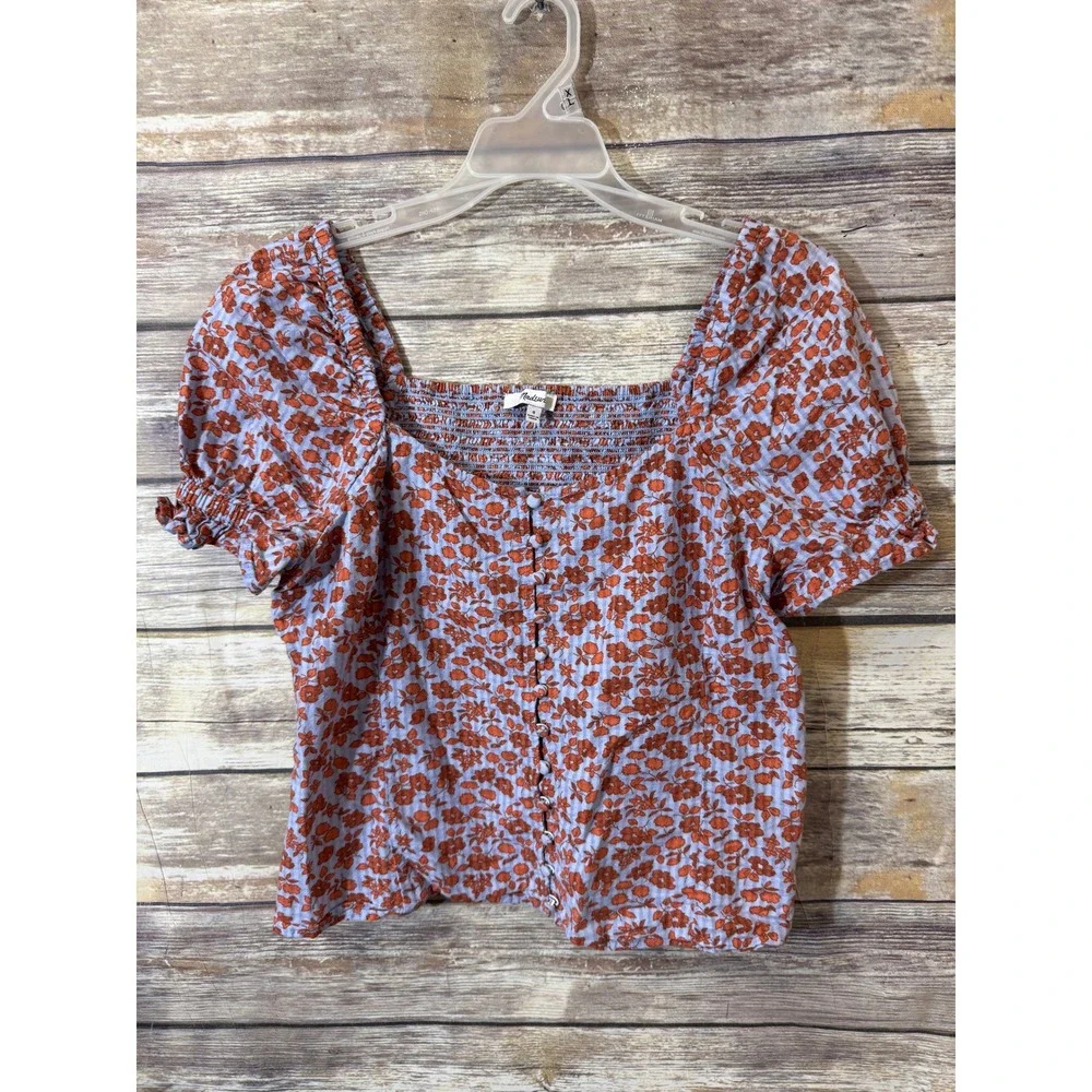 Madewell Button Front Smocked Back Floral Top NF231 Blue Rust Women Size 0
